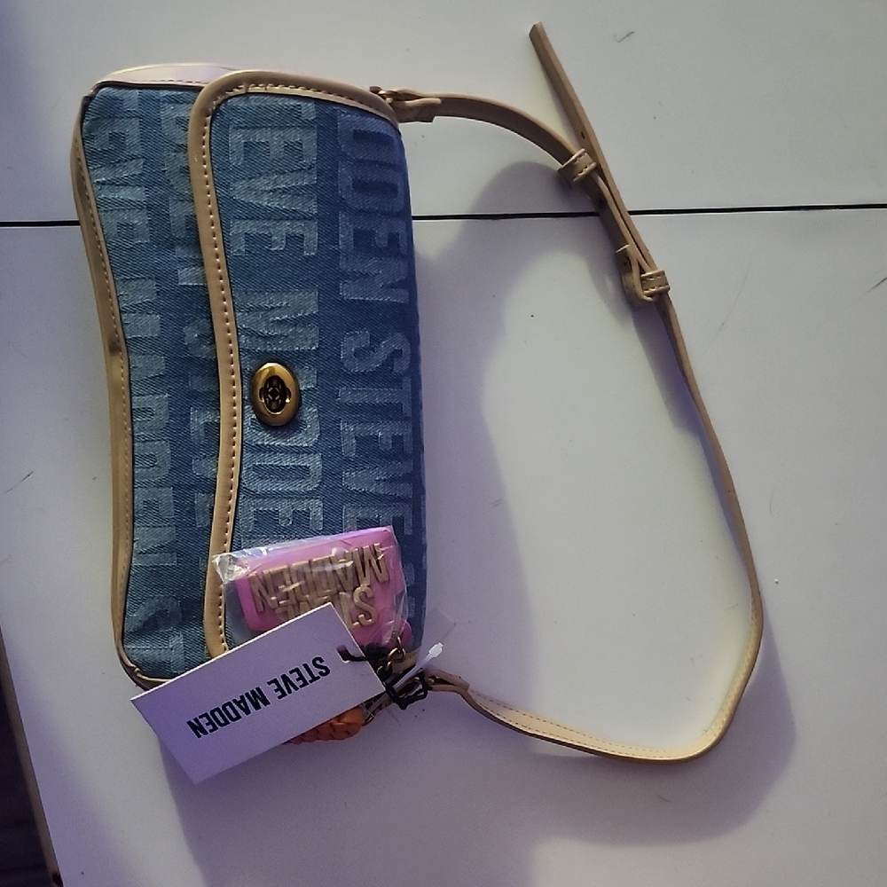 Steve Madden Blue Logo Jacquard Shoulder Bag with Tan Trim